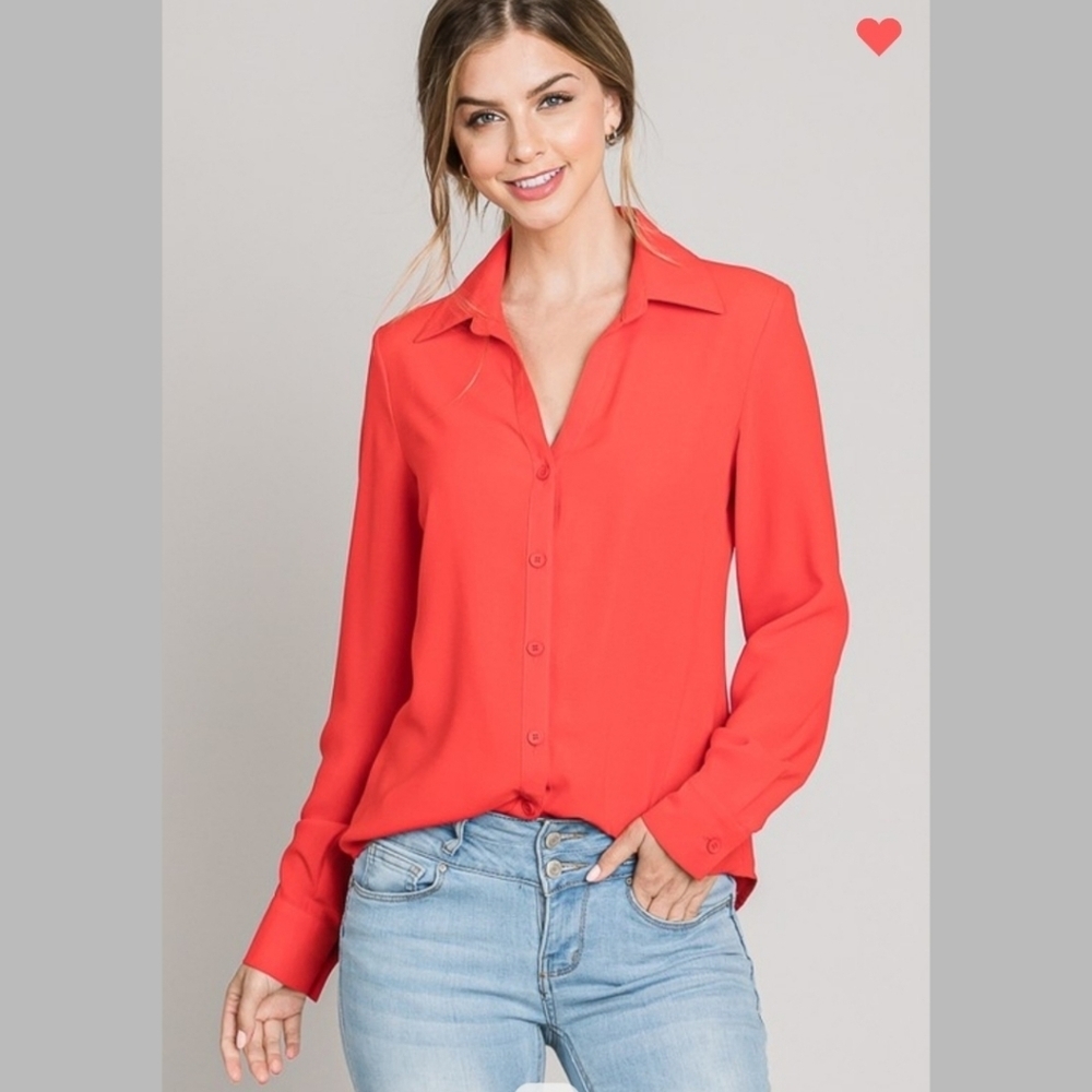Womens Red Button Down Shirt Long Sleeve Career Office Casual S,M,L
